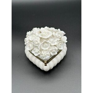 Vintage Lenwile Japan White Porcelain Heart Rose Trinket Box Jewelry Case 4.5"